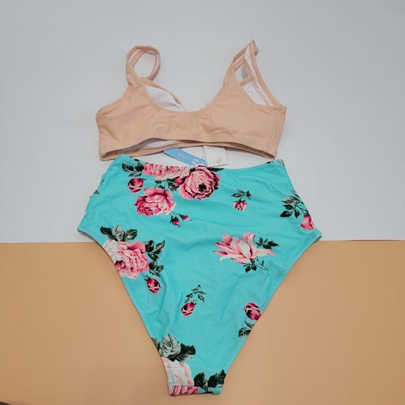 CUPSHE Women's Floral Halter High Waisted Peach and Tiffany Blue Bikini size S - Picture 7 of 12
